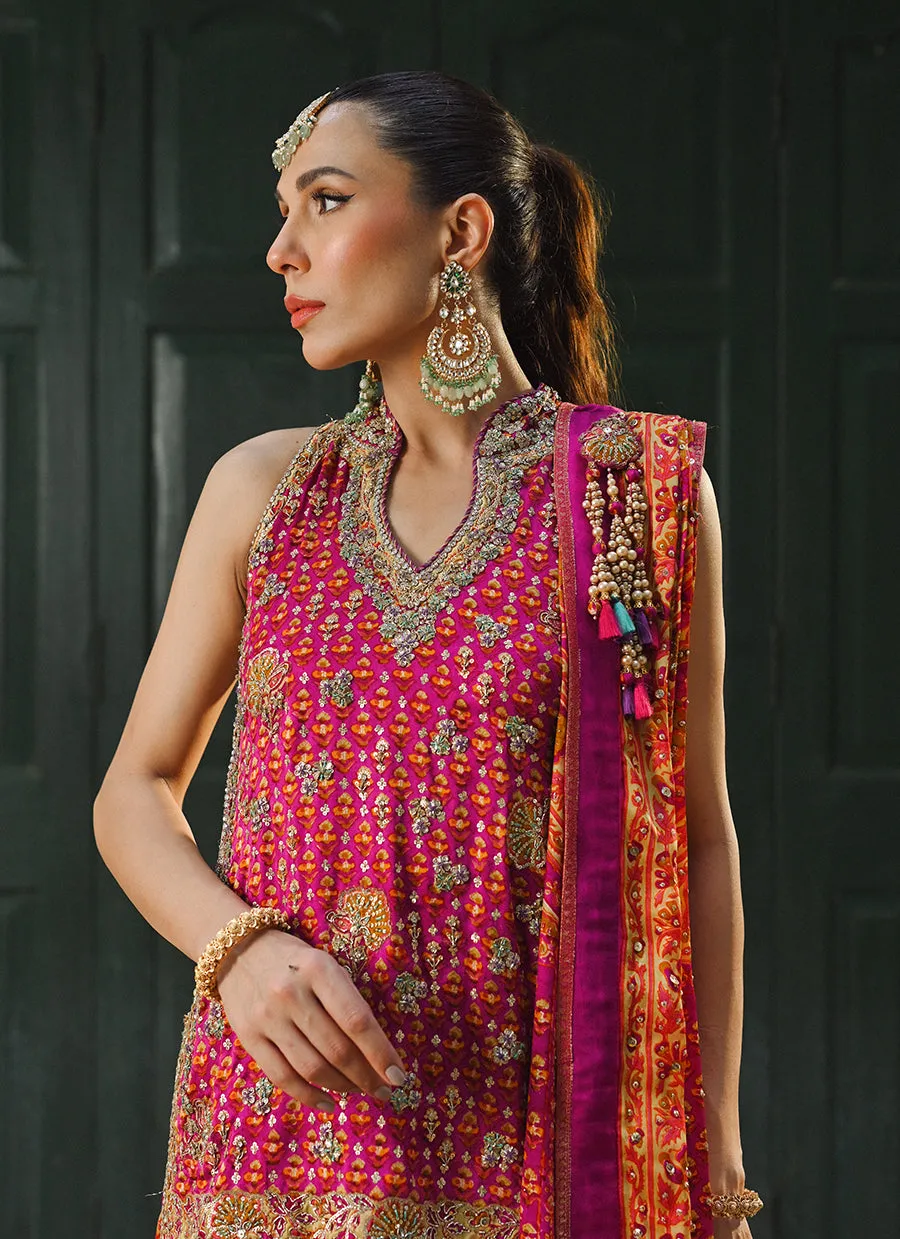 Ayala magenta pink block printed shirt dupatta and lengha