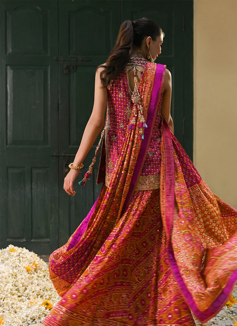 Ayala magenta pink block printed shirt dupatta and lengha