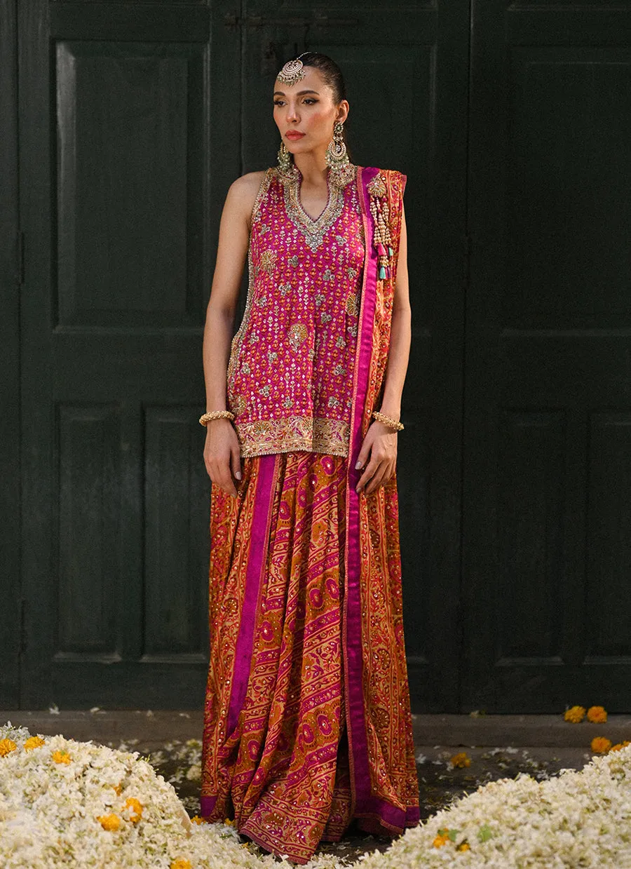 Ayala magenta pink block printed shirt dupatta and lengha