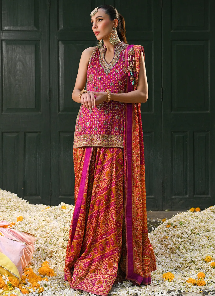 Ayala magenta pink block printed shirt dupatta and lengha