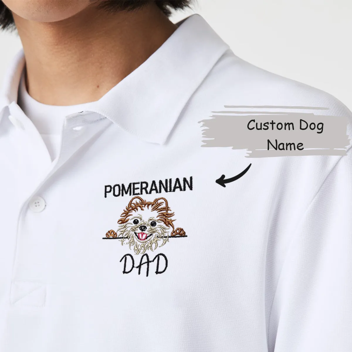 Custom Pomeranian Dog Dad Embroidered Polo Shirt, Personalized Polo Shirt with Dog Name, Best Gifts For Pomeranian Lovers