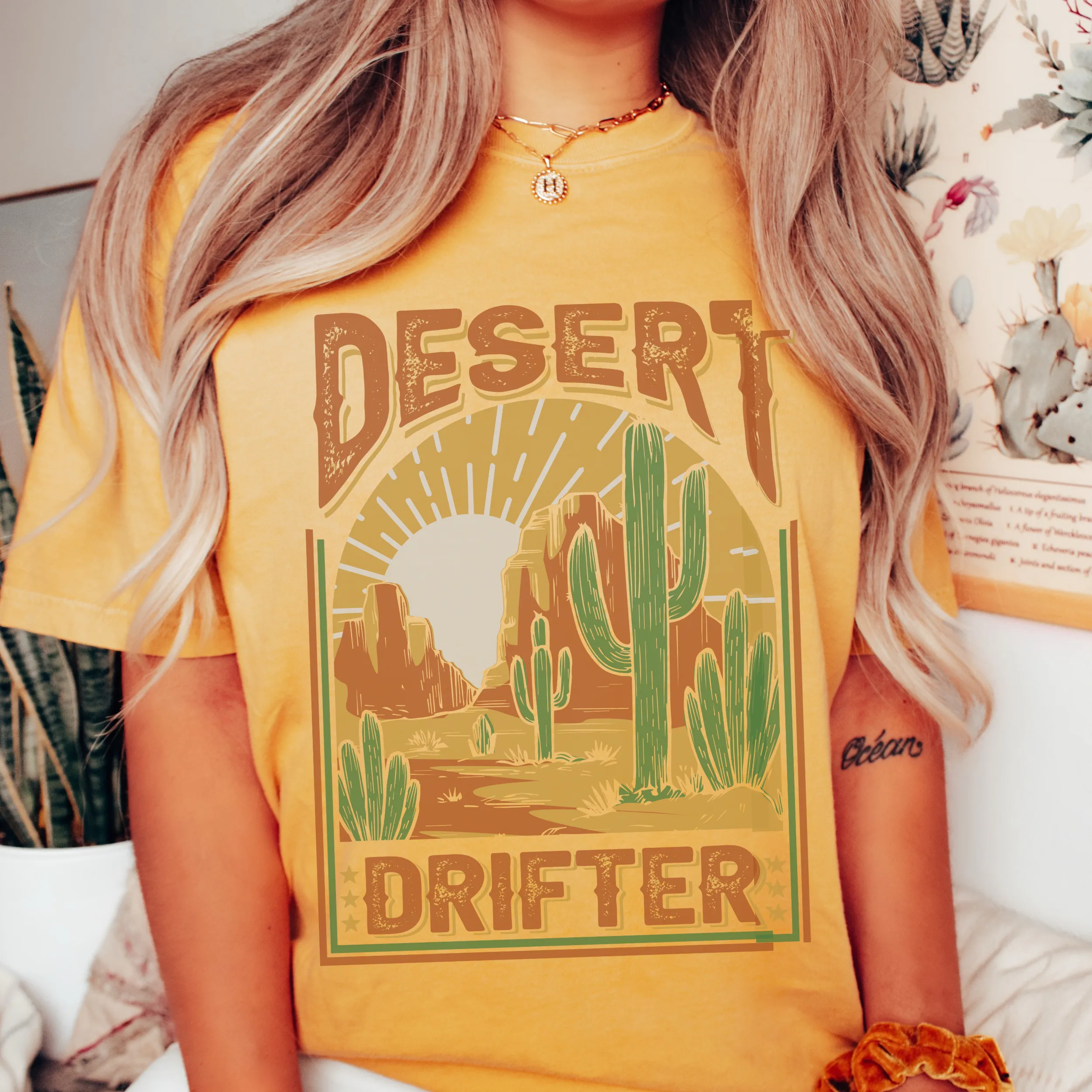 Desert Drifter Comfort Colors® Unisex Garment-Dyed T-shirt in Green, Yam, Mustard, White Distressed Desert Design