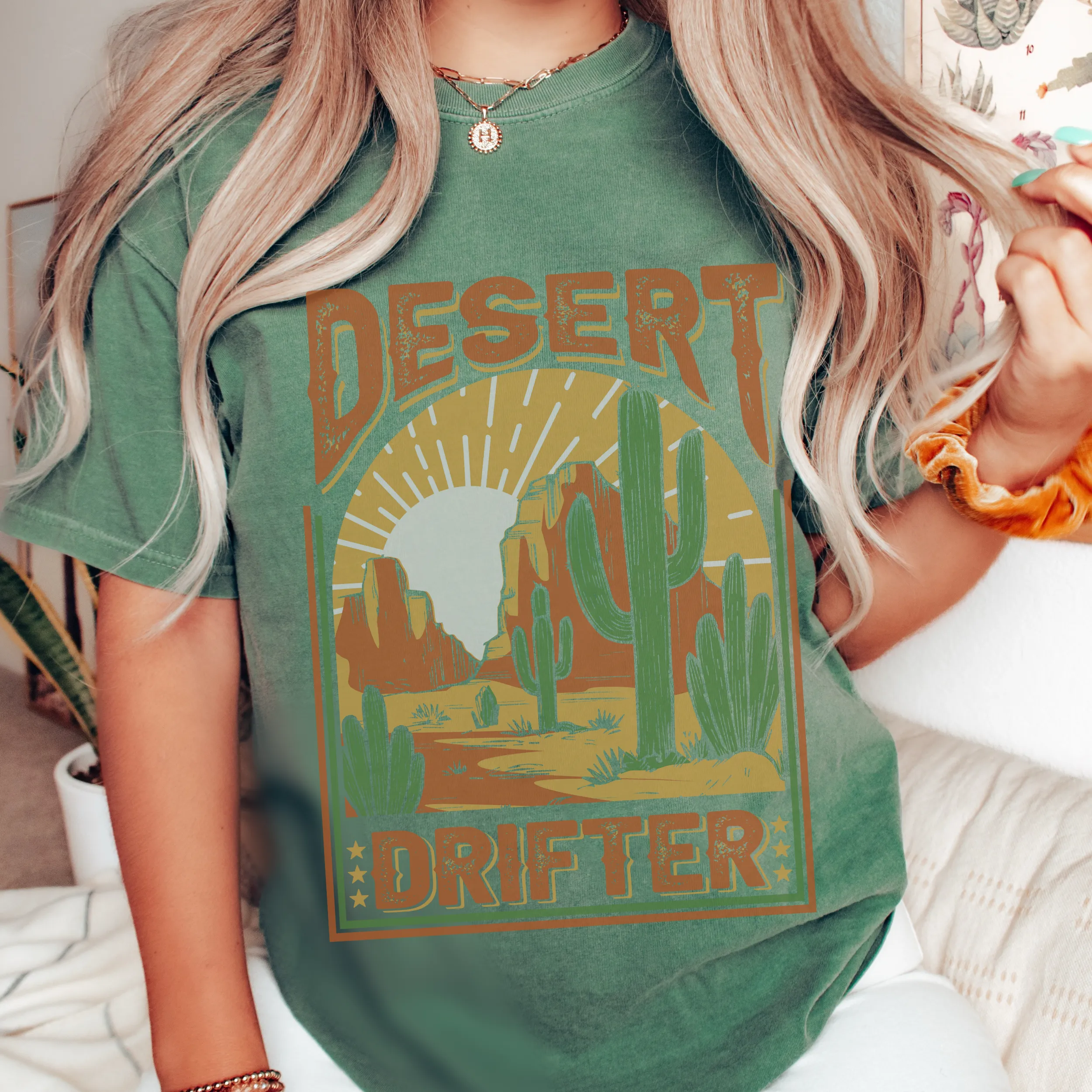 Desert Drifter Comfort Colors® Unisex Garment-Dyed T-shirt in Green, Yam, Mustard, White Distressed Desert Design