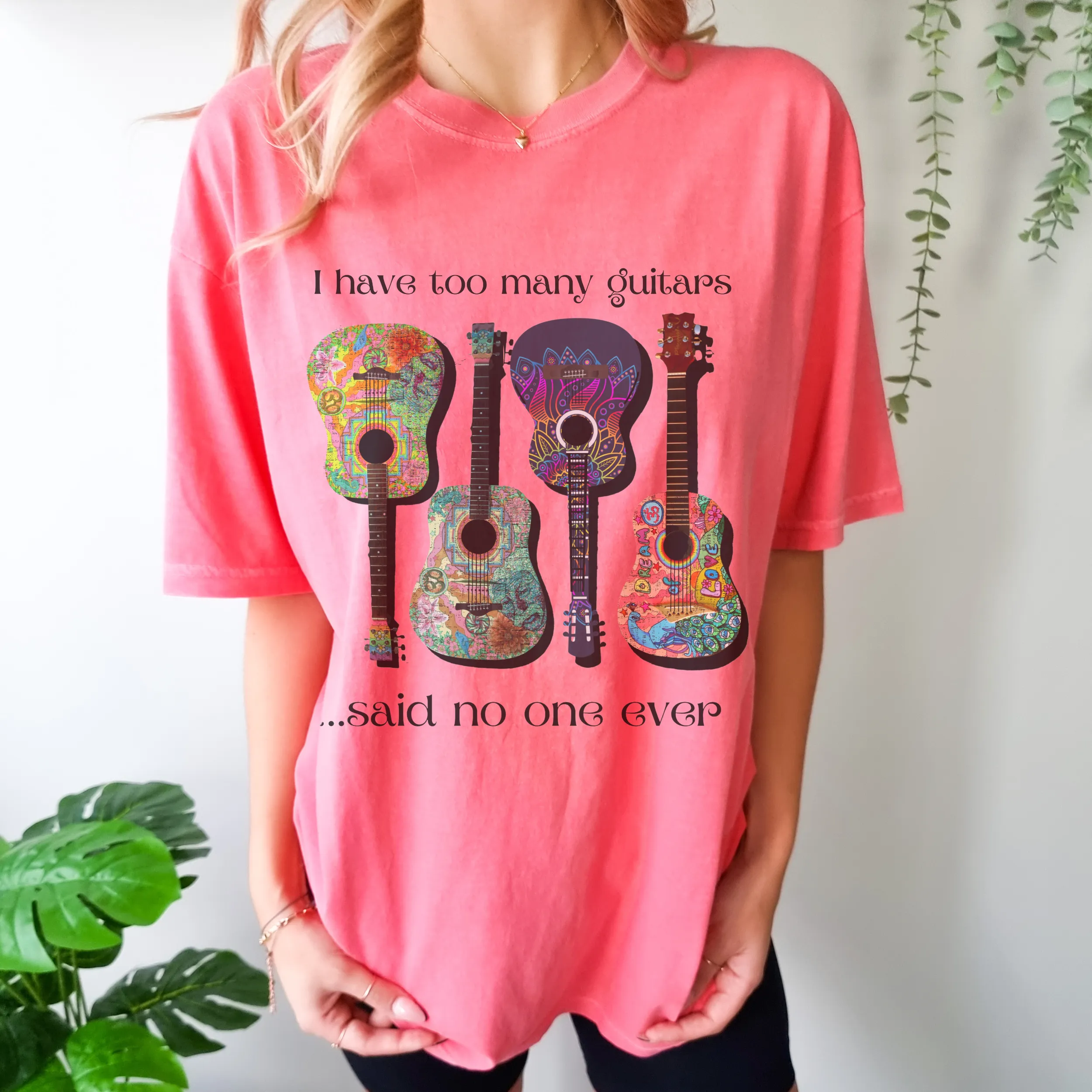 I have Too Many Guitars Comfort Colors® Unisex T-shirt, White, Violet, Terracotta or Melon with Bright Guitars Pretty Spring Colors T-Shirt