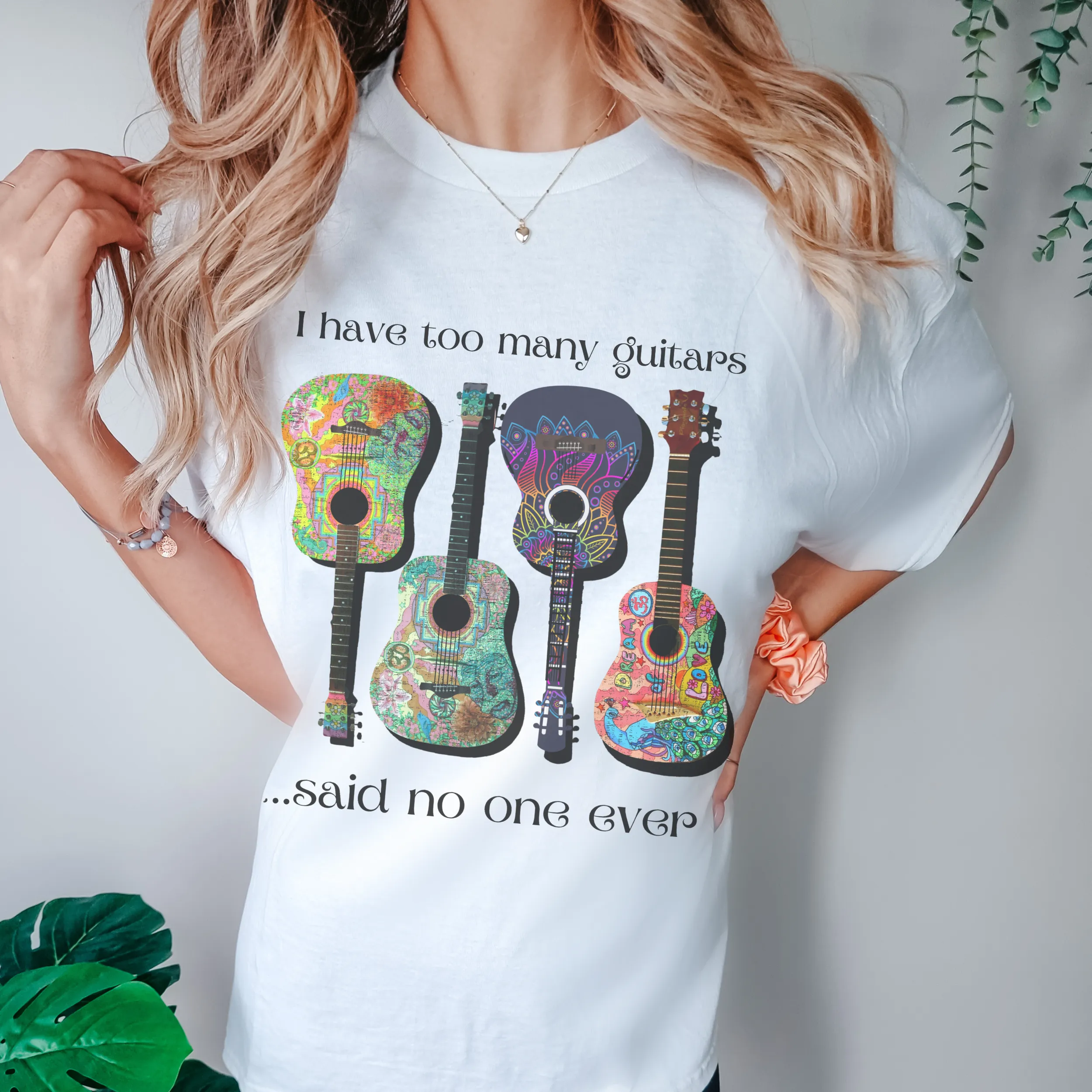 I have Too Many Guitars Comfort Colors® Unisex T-shirt, White, Violet, Terracotta or Melon with Bright Guitars Pretty Spring Colors T-Shirt