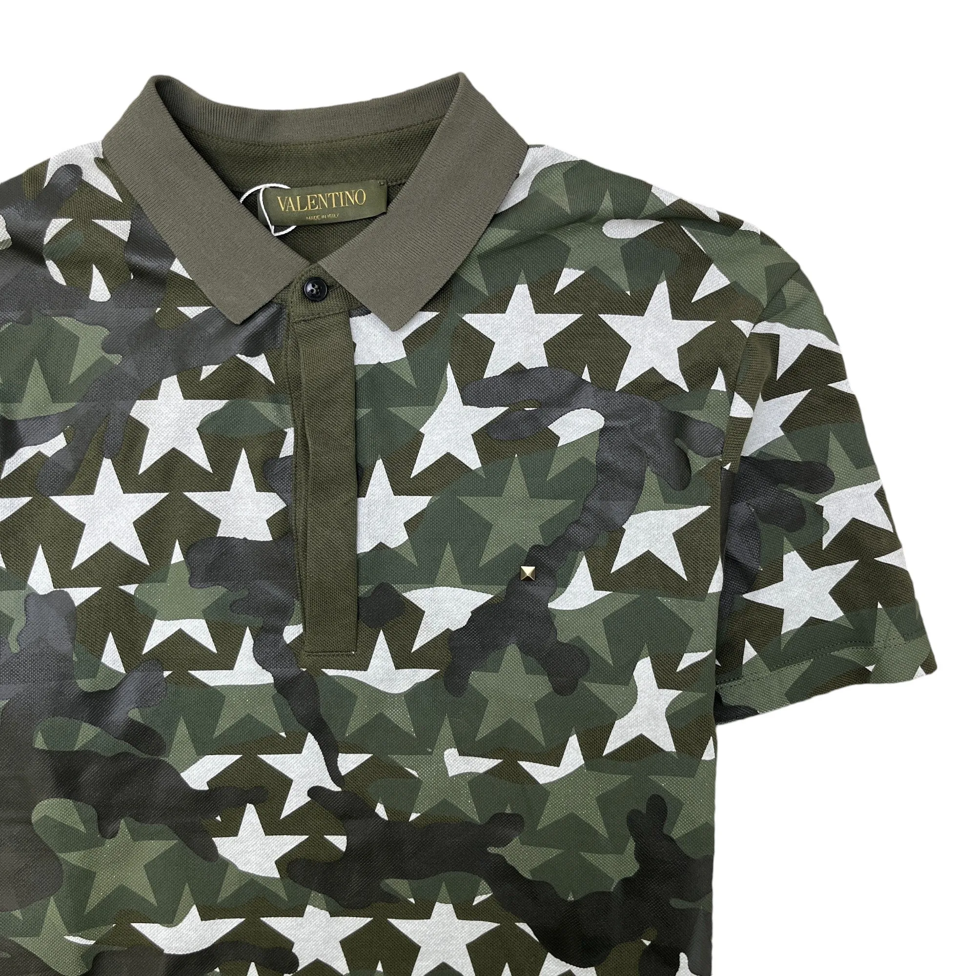 Men's Camo Star Print Polo Shirt Khaki Size M