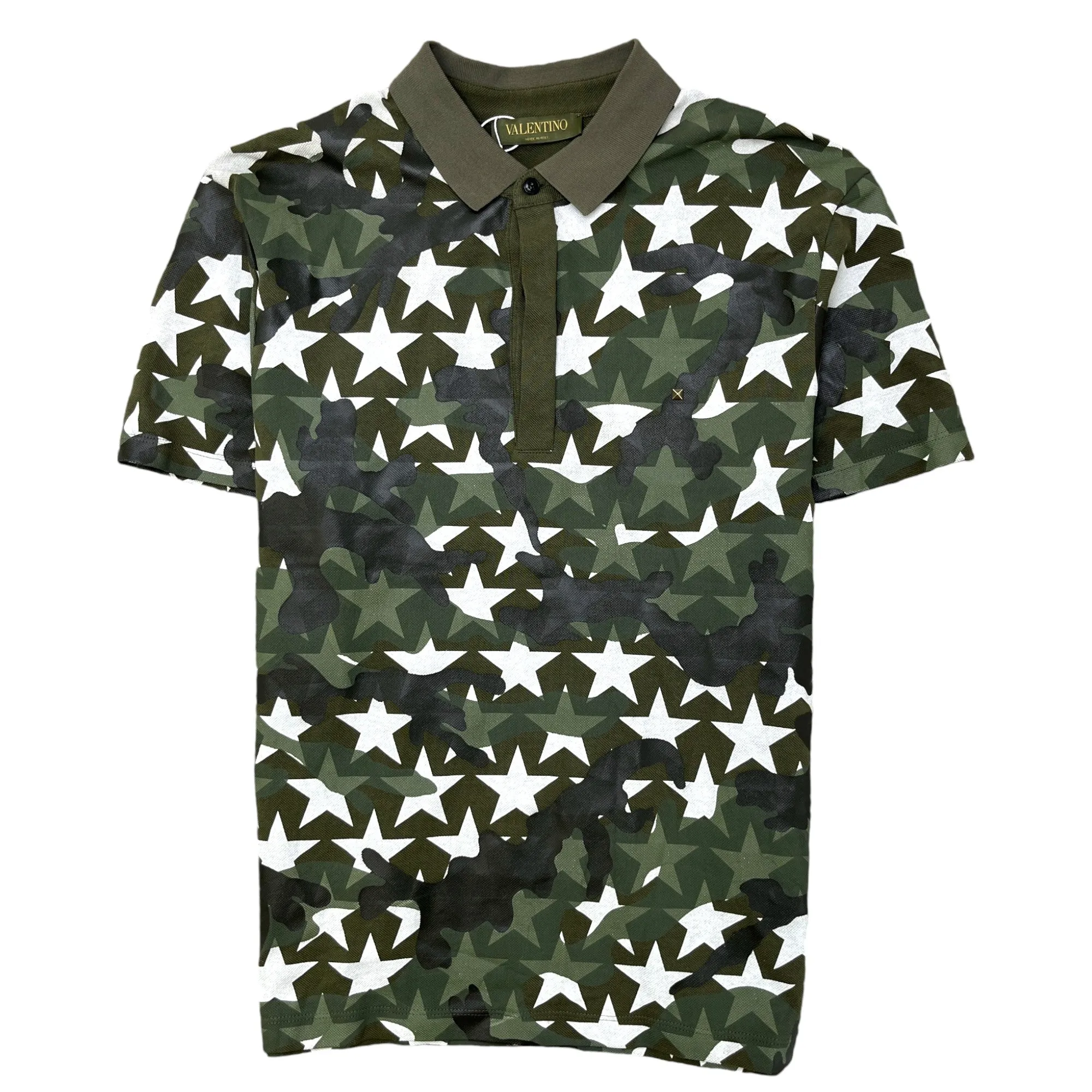 Men's Camo Star Print Polo Shirt Khaki Size M