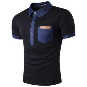 Mens Stitching Color Front Pocket Lapel Polo Shirt Short Sleeve Spring Summer Casual Tops