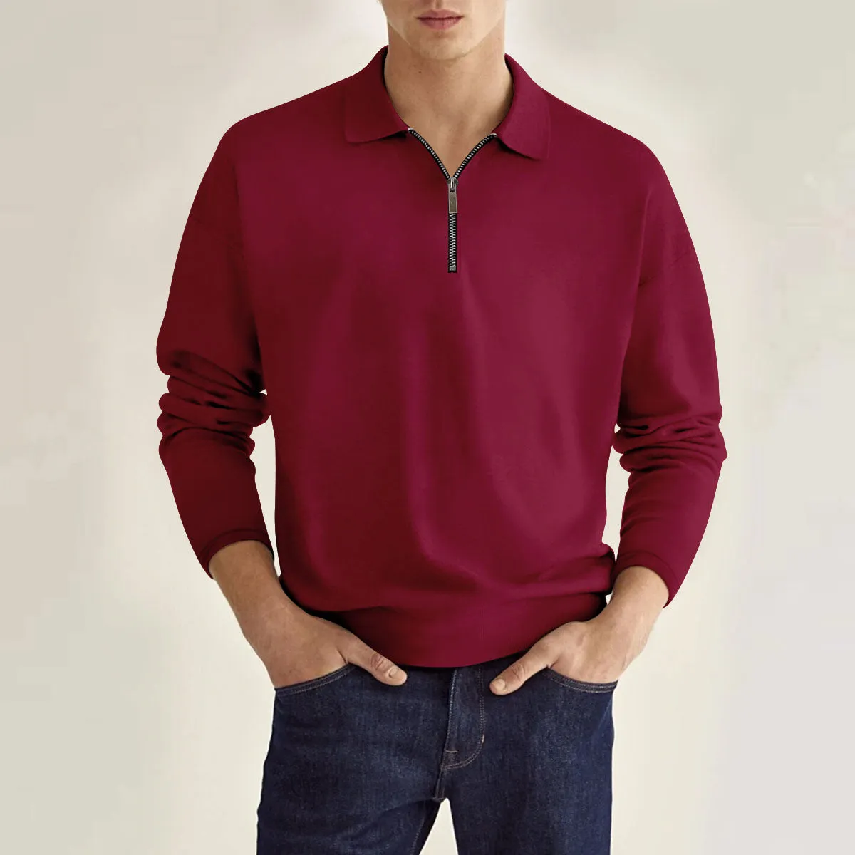 Solid Color Men's Long Sleeve Sports Polo Shirt